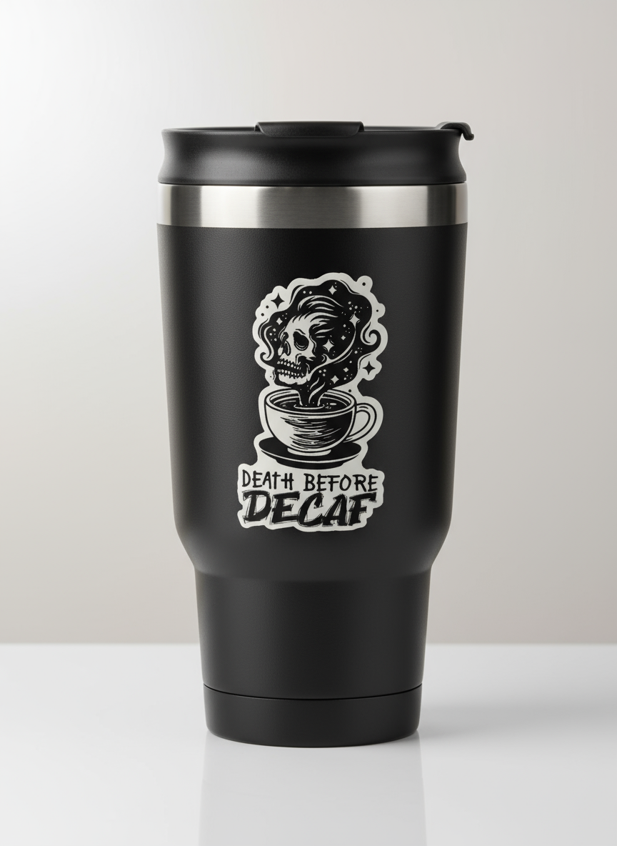 please use my death before decaf sticker